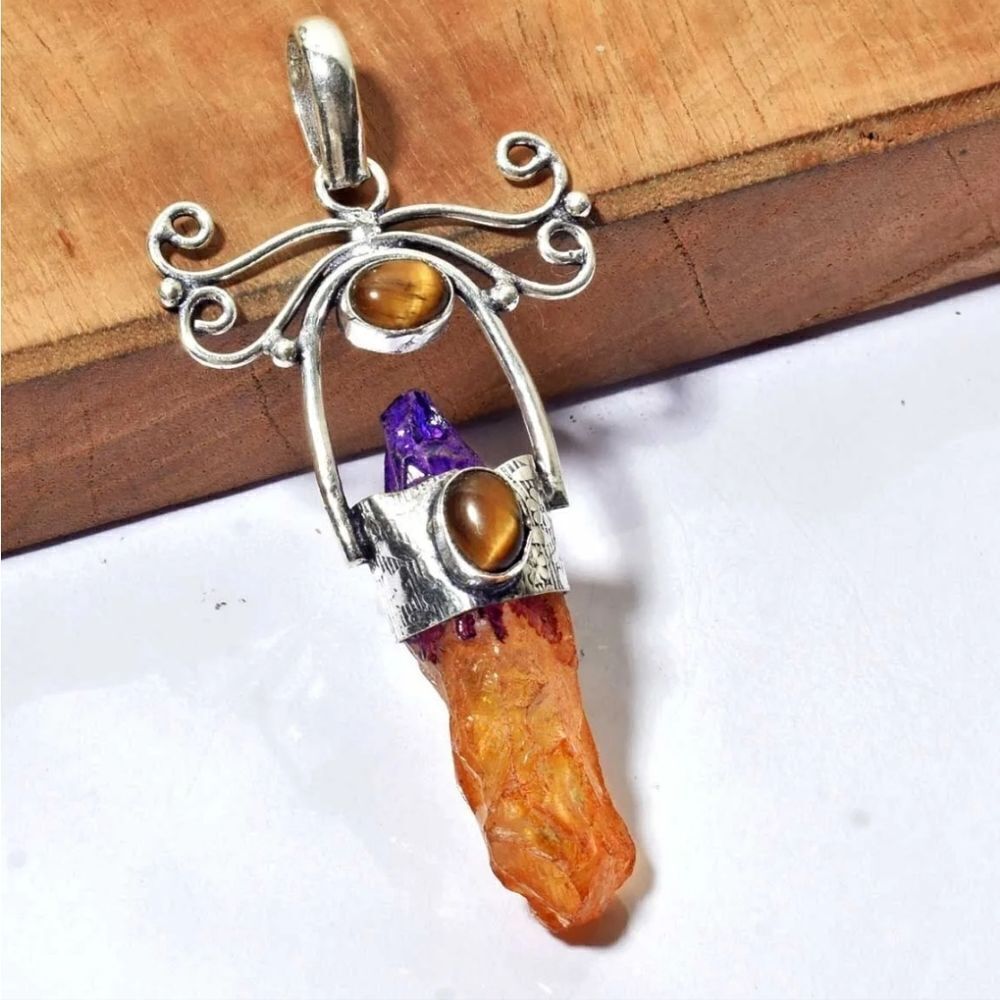 Unique! Bi-Color Tourmaline Tiger Eye Ethnic Handmade Pendant Jewelry 3" - Picture 5 of 6